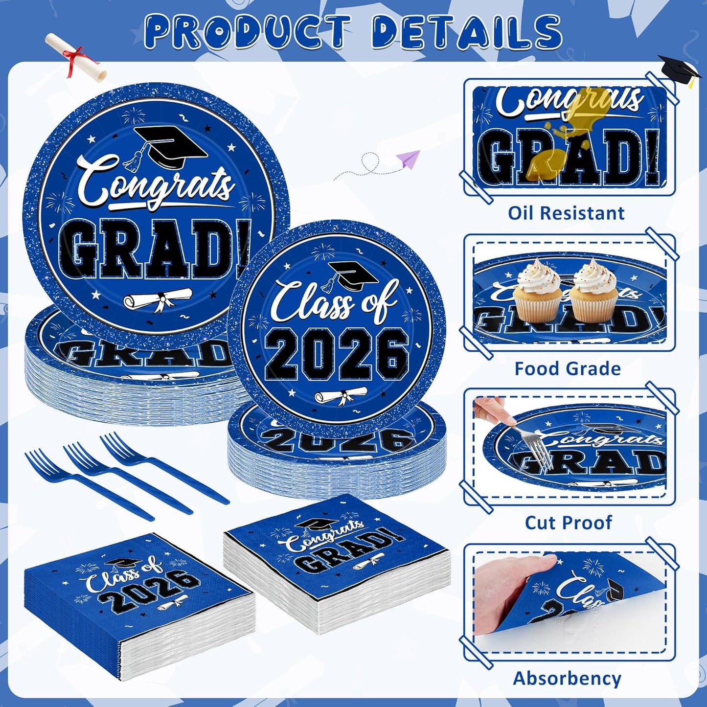 200Pcs Graduation Decorations 2026, Blue Graduation Plates and Napkins Party Supplies for 50 Guests, Disposable Grad Plates, Napkins, Dessert Plates and Forks for Grad Decor Wedding Birthday Supplies