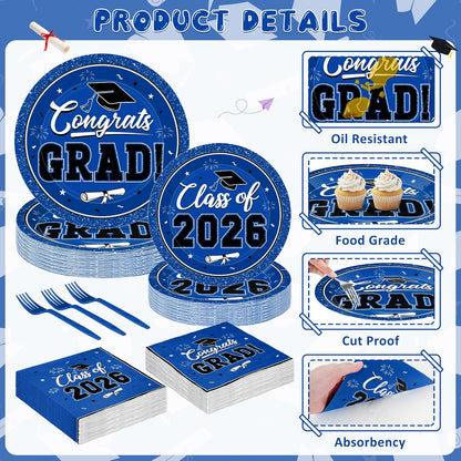 200Pcs Graduation Decorations 2026, Blue Graduation Plates and Napkins Party Supplies for 50 Guests, Disposable Grad Plates, Napkins, Dessert Plates and Forks for Grad Decor Wedding Birthday Supplies