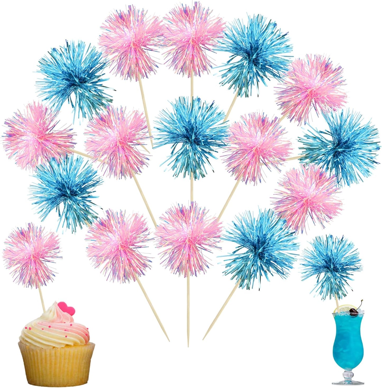 Ephlyn 30Pcs Foil Firework Cupcake Toppers Sparkle Tinsel Cupcake Picks Drink Stirrers Cocktail Food Fruit Toothpicks for Baby Shower Graduation Party Supplies White