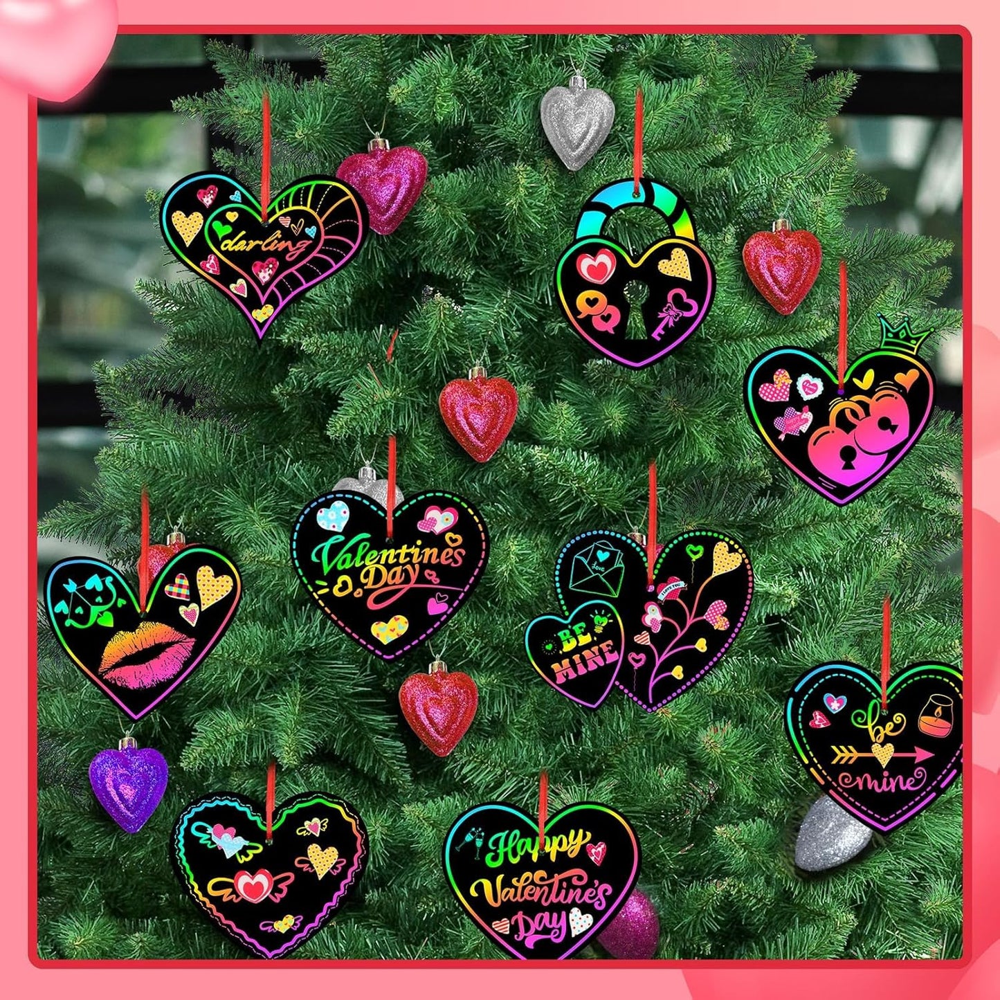FEBSNOW Valentines Crafts for Kids, 48 PCS Heart Rainbow Magic Scratch Art Day Cards for Kids Classroom Scratch Paper Art for Valentines Day Gifts Party Favors witn Heart Stickers