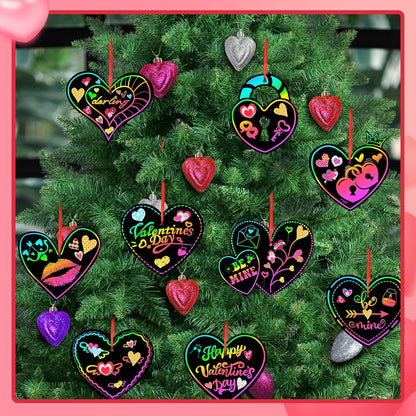 FEBSNOW Valentines Crafts for Kids, 48 PCS Heart Rainbow Magic Scratch Art Day Cards for Kids Classroom Scratch Paper Art for Valentines Day Gifts Party Favors witn Heart Stickers