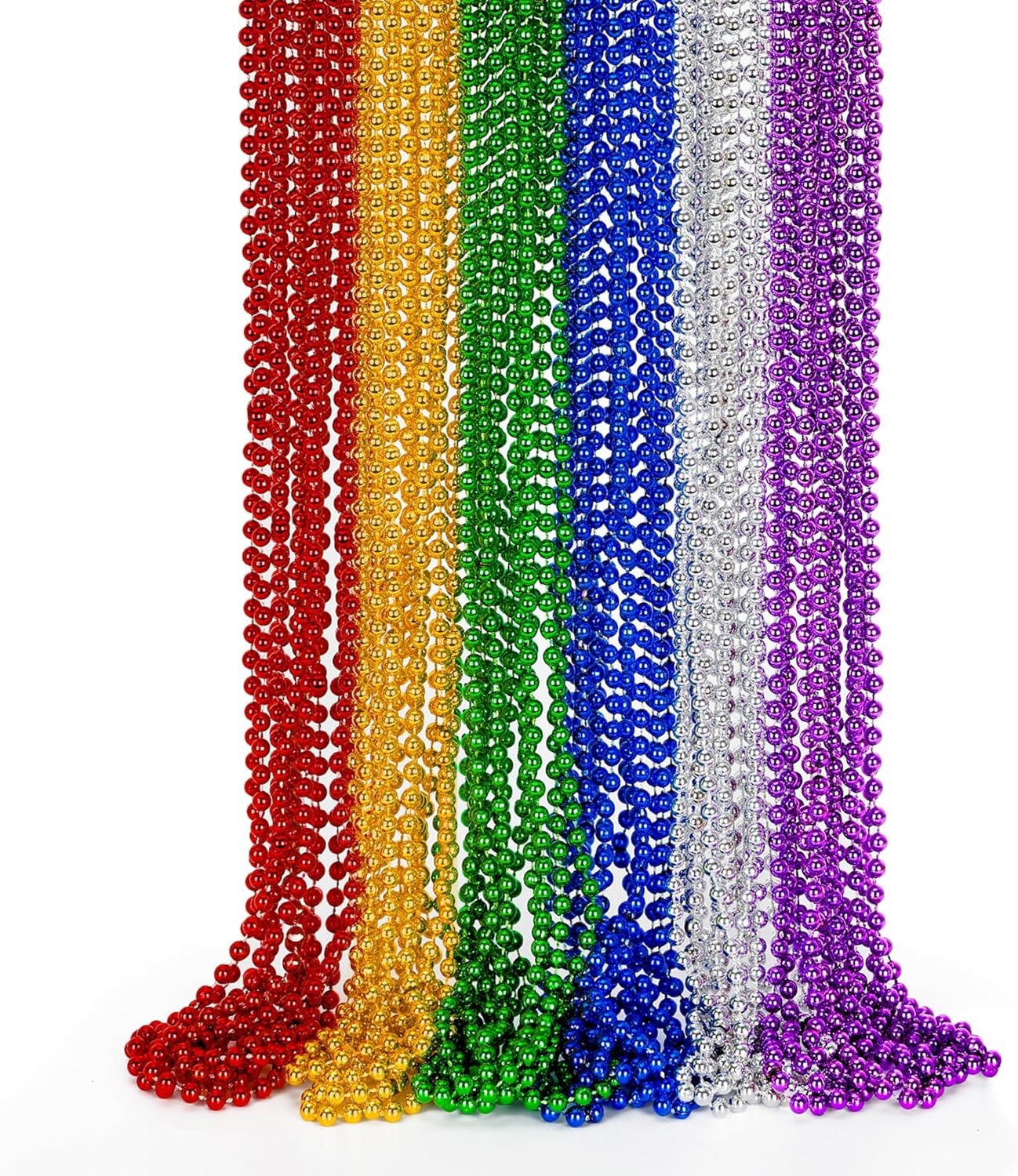EOBOH 144PCS Mardi Gras Beads, Metallic 12 Kinds Bead Necklace Party Supplies, 33" Mardi Gras Necklace Costume Stuff, Festival Parade Throw Accessories for Wedding Birthday Celebrations Decorations