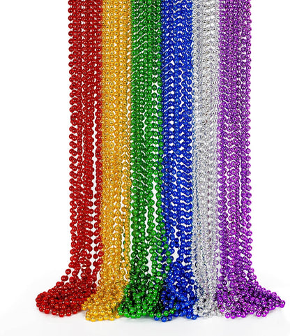 EOBOH 144PCS Mardi Gras Beads, Metallic 12 Kinds Bead Necklace Party Supplies, 33" Mardi Gras Necklace Costume Stuff, Festival Parade Throw Accessories for Wedding Birthday Celebrations Decorations