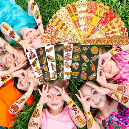 96 PCS Hot Dog Party Favors Set – 72 Pre-Cut Temporary Tattoos & 24 Slap Bracelets for Kids, Perfect for Food-Themed Birthday Parties, BBQ Celebrations & Classroom Rewards