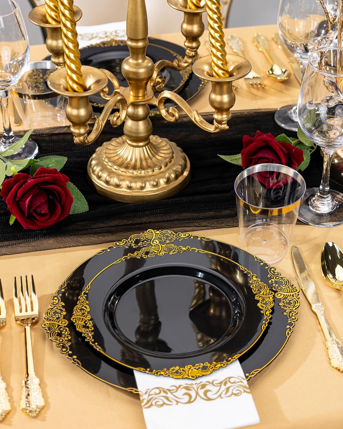 Nervure 350PCS Gold Plastic Plates - Gold Plastic Dinnerware Sets for 50 Guests - 100 Disposable Plates, 150 Silverware, 50 Cups, 50 Napkins for Wedding & Party & Mothers Day