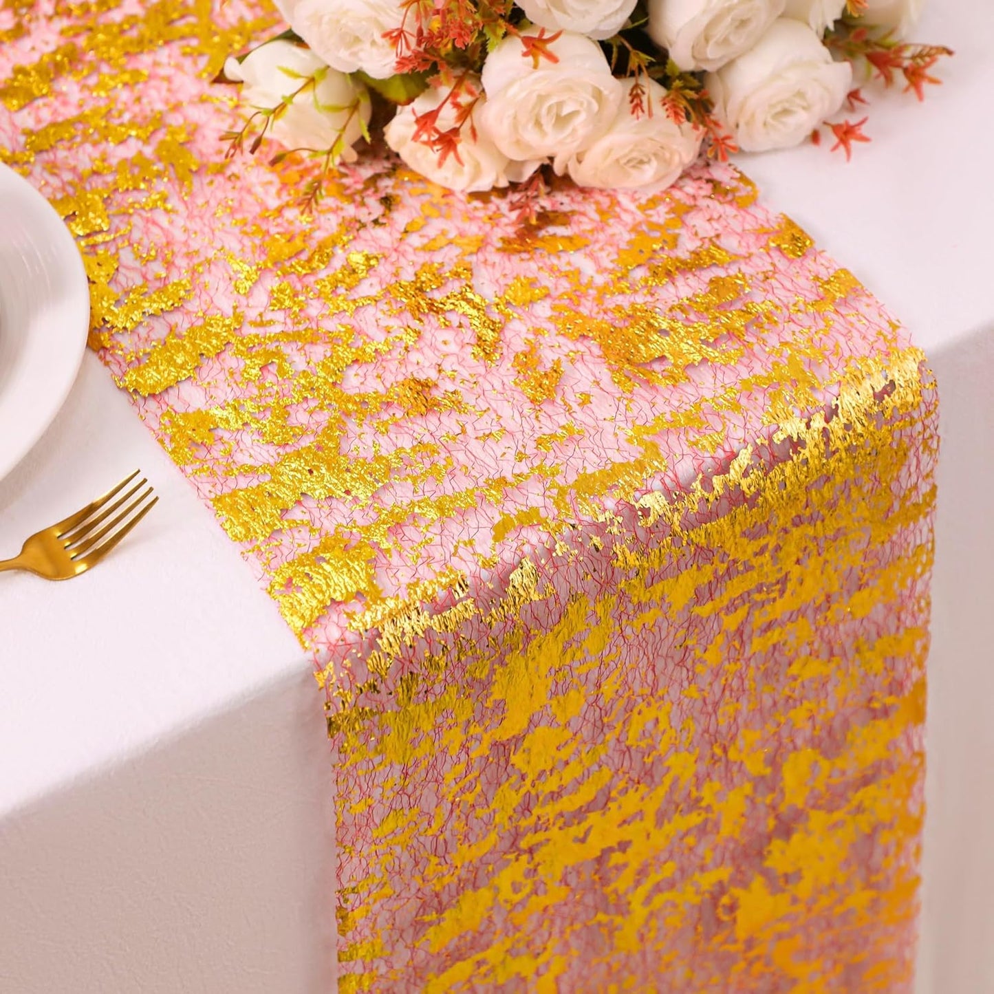 Snowkingdom 2 Pieces Gold Table Runner, Sequin Glitter Foil Metallic Thin Mesh Runner Roll 11"x108", Gold Table Decorations for Event Party, Wedding, Birthday Party, Christmas