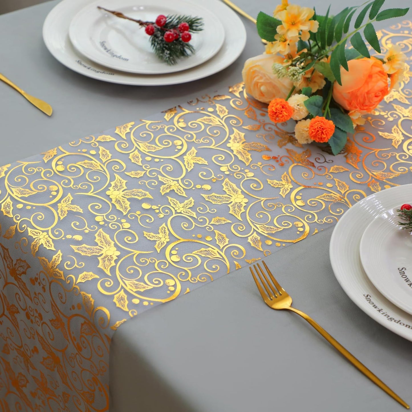 Snowkingdom 2 Pieces Gold Table Runner, Sequin Glitter Foil Metallic Thin Mesh Runner Roll 11"x108", Gold Table Decorations for Event Party, Wedding, Birthday Party, Christmas