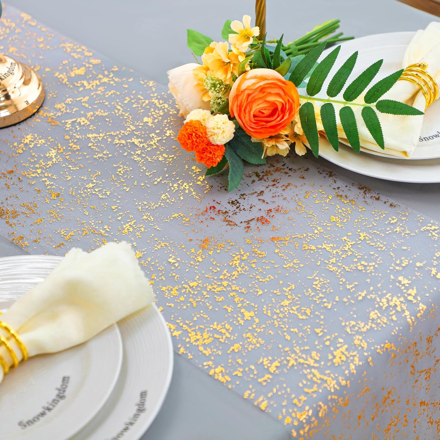 Snowkingdom 2 Pieces Gold Table Runner, Sequin Glitter Foil Metallic Thin Mesh Runner Roll 11"x108", Gold Table Decorations for Event Party, Wedding, Birthday Party, Christmas