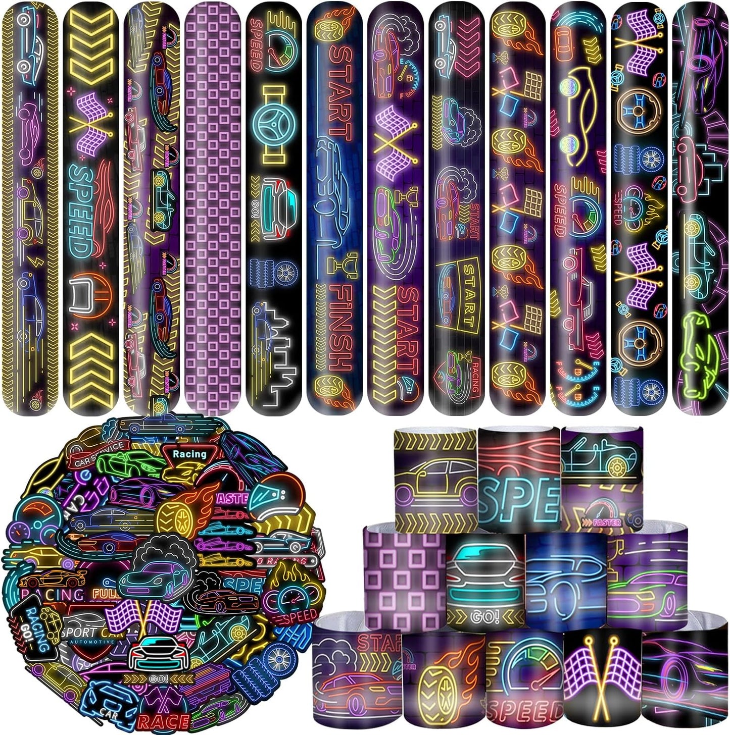 74 PCS Neon Race Car Party Favors, 24 PCS Neon Racing Slap Bracelets 50 PCS Neon Race Car Stickers Racing Birthday Party Decorations Supplies Gifts for Kids Classroom Rewards