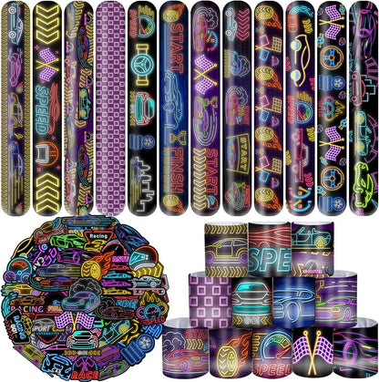 74 PCS Neon Race Car Party Favors, 24 PCS Neon Racing Slap Bracelets 50 PCS Neon Race Car Stickers Racing Birthday Party Decorations Supplies Gifts for Kids Classroom Rewards