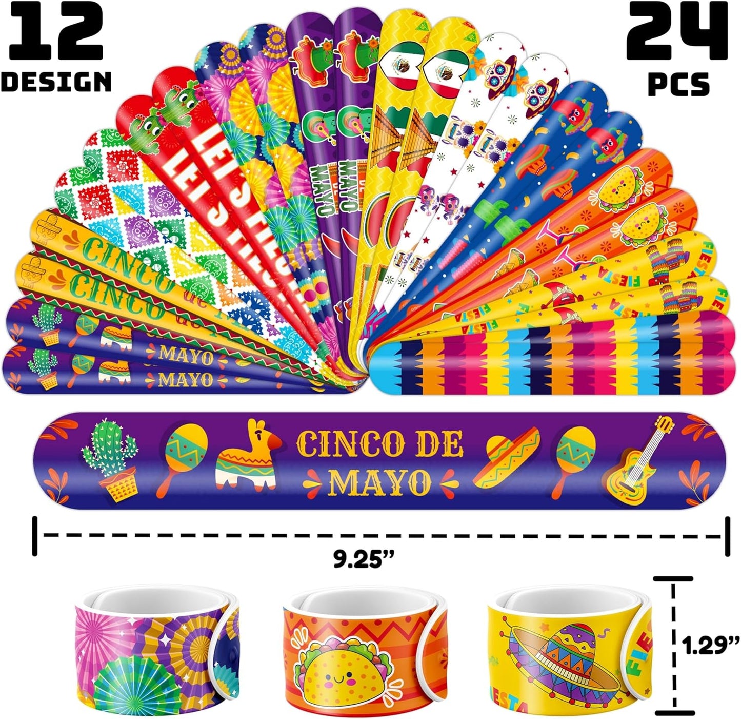 Cherisnowy 72PCS Cinco de Mayo Party Favor Set - 48PCS Temporary Pre-cut Tattoos & 24PCS Slap Bracelets - Mexican Fiesta Birthday Supplies, Baby Shower Gifts, Classroom Rewards & Party Decor for Kids