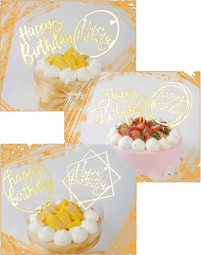 Happy Birthday Cake Toppers Gold, 18 Pcs Gold Happy Birthday Cake Topper, Acrylic Cake Decoration, Double-Sided Glitter of Birthday Cake Topper for Children or Adults (Word)