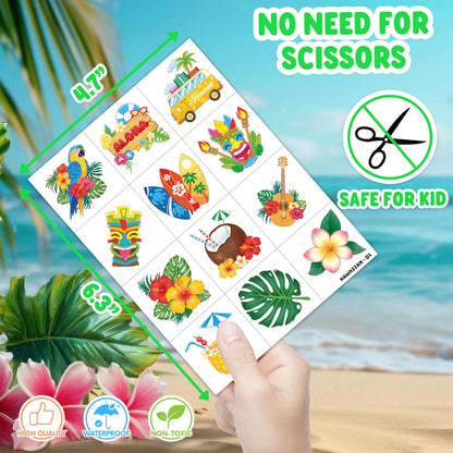 96 PCS Hawaiian Luau Pre-Cut Temporary Tattoos for Kids | Super Cute Themed Birthday Party Favors, Supplies, Decorations, Summer Fake Tattoo Stickers (Multiple)