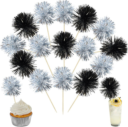 Ephlyn 30Pcs Foil Firework Cupcake Toppers Sparkle Tinsel Cupcake Picks Drink Stirrers Cocktail Food Fruit Toothpicks for Baby Shower Graduation Party Supplies White