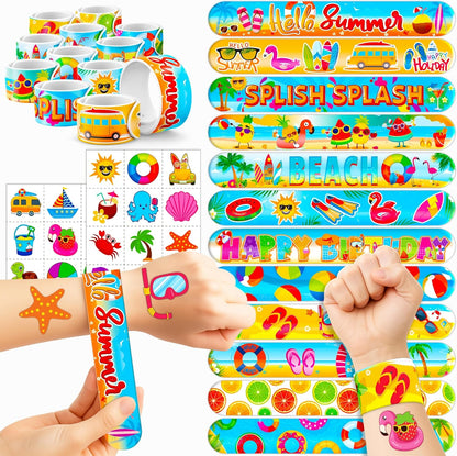 Cherisnowy 48PCS Beach Party Favors – 24PCS Temporary Pre - cut Tattoos & 24PCS Slap Bracelets – Summer & Ocean-Themed Birthday Supplies, Baby Shower Gifts, Classroom Rewards & Party Decor for Kids
