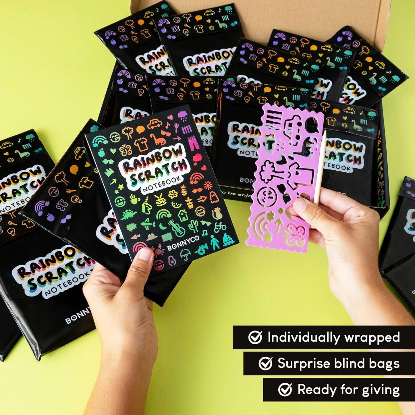 BONNYCO Rainbow Scratch Art for Kids 16 Sets with Notebook, Stencil and Wooden Stylus. Party Favors, Goodie Bags Stuffers for Kids, Classroom Prizes. End of Year Gifts Ages 3 to 12