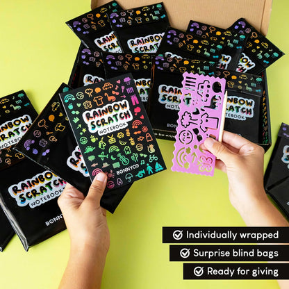 BONNYCO Rainbow Scratch Art for Kids 16 Sets with Notebook, Stencil and Wooden Stylus. Party Favors, Goodie Bags Stuffers for Kids, Classroom Prizes. End of Year Gifts Ages 3 to 12