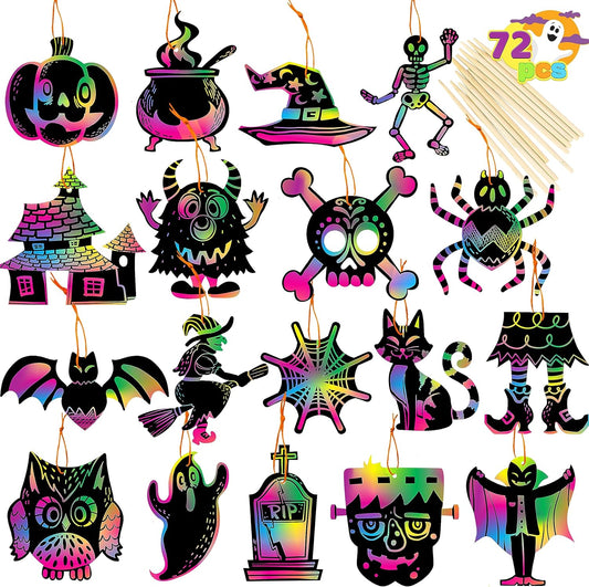 JOYIN 72 Pcs Halloween Rainbow Scratch Art Crafts for Kid, Halloween Party Favors, Scratch Off Paper with 18 Designs for Party Supplies, Classroom Activities Game Goodies Gifts
