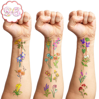 96 PCS Small Wildflower Floral Pre–Cut Temporary Tattoos Birthday Party Decorations Supplies Favors Spring Flower Bouquets Decor Stickers Gifts Boys Girls Classroom School Prizes Reward (Normal)