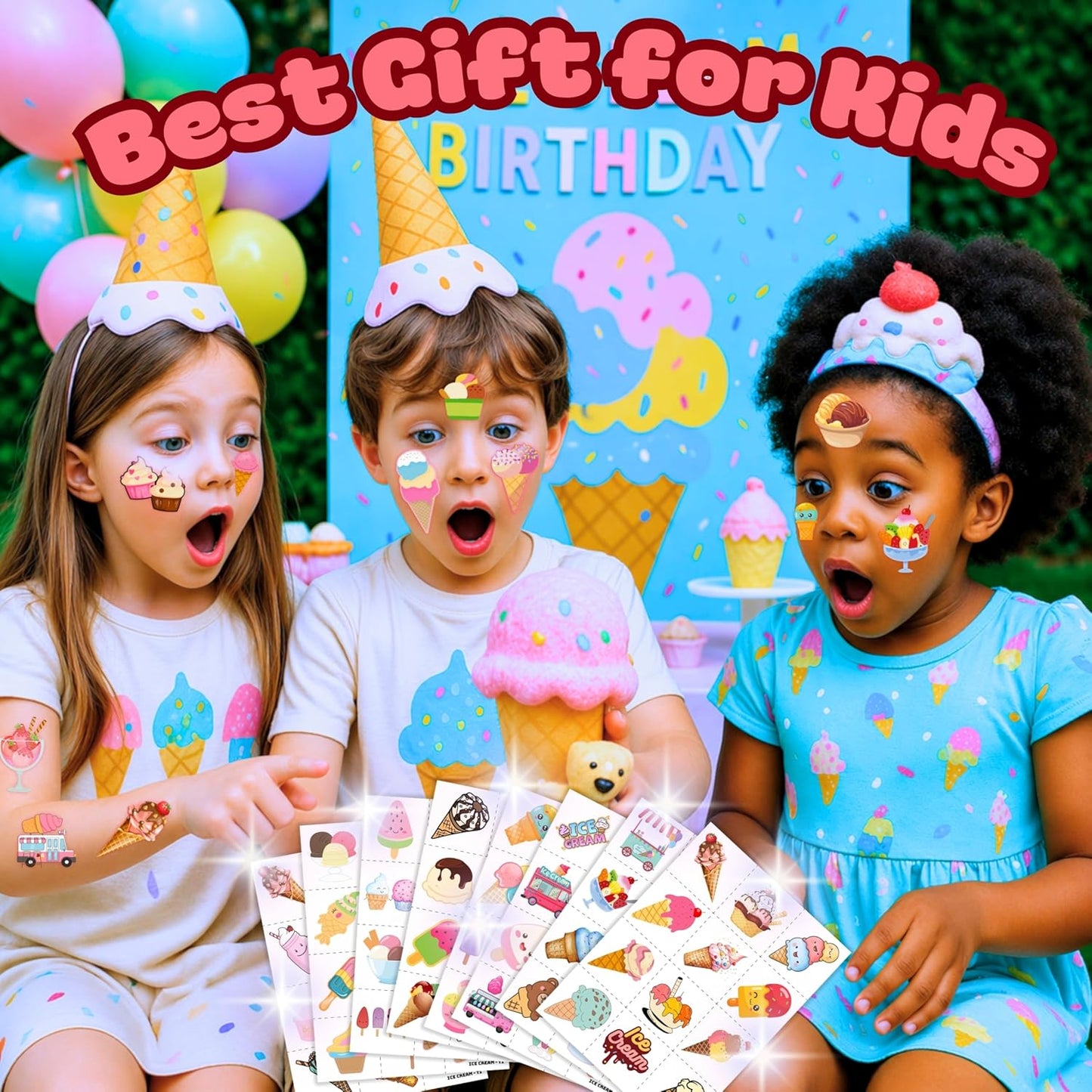 96PCS Ice Cream Temporary Tattoos for Kids - Pre-Cut No Scissors Needed - Sweet One Birthday Party Favors, Summer Pool Party Decorations, Goodie Bag Fillers, Classroom Prizes for Girls Boys