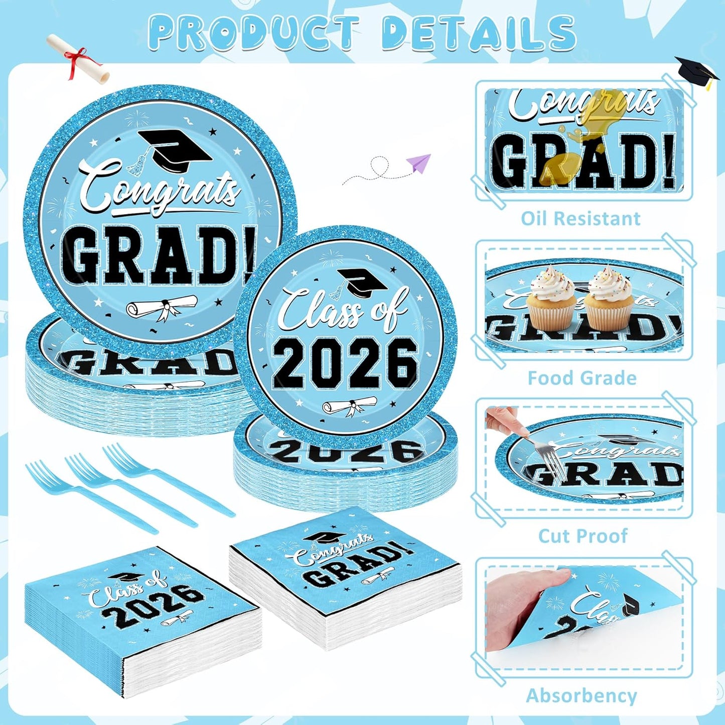 200Pcs Graduation Decorations 2026, Blue Graduation Plates and Napkins Party Supplies for 50 Guests, Disposable Grad Plates, Napkins, Dessert Plates and Forks for Grad Decor Wedding Birthday Supplies