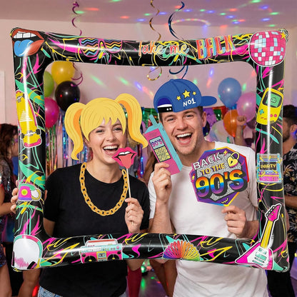 Hawaiian Photo Booth Props & Inflatable Frame, 30Pcs Luau Photobooth Props with Large Inflatable Inflatable Selfie Picture Frame for Summer Tropical Aloha Luau Party Selfie Supplies