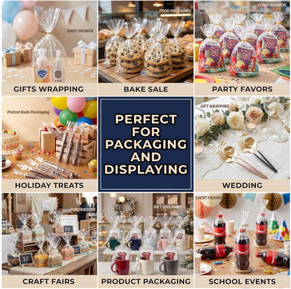 Wowfit 100 CT 6x10 Inch Clear Flat Cellophane Treat Bags with 6” Gold Twist Ties, Cello Packaging for Gift Wrapping, Decorations, and Food Storage
