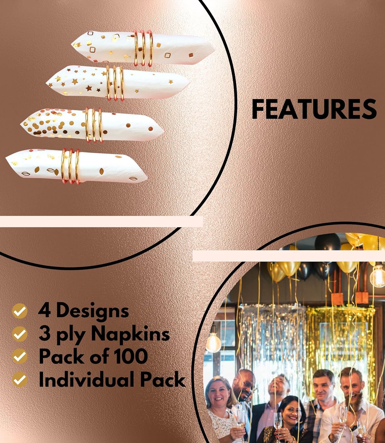 100 PK Gold Napkins - 4 Assorted Designs - 3-Ply Cocktail Napkins Folded 5 x 5 Inches Bar Napkins Disposable Party Napkins Paper Napkins Dinner for Wedding Baby Shower Birthday Graduation 2023