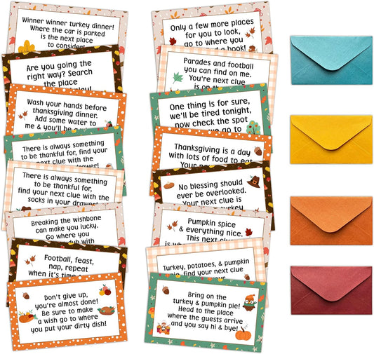 Fall Thanksgiving Scavenger Hunt Games, Autumn Treasure Clue Hunting Games for Party, Thanksgiving Party Decor Supplies Favors, Indoor Outdoor Activities for Family, 16 Cards with Envelopes -01
