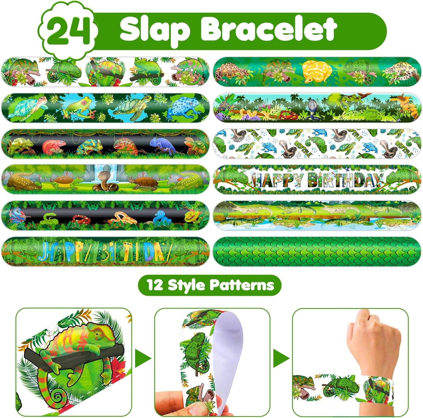 72PCS Reptile Party Favors - 48 Pre-cut Tattoos & 24 Slap Bracelets, Alligator, Lizard, Gecko, Snake Patterns - Perfect for Reptile-Themed Birthdays, Classroom Prizes, and Party Supplies for Boys