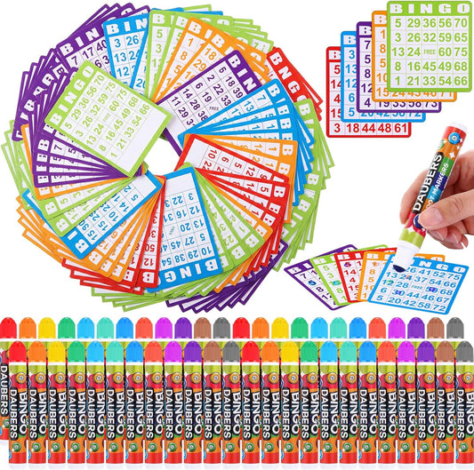 Crtiin 148 Pack Game Cards and Dot Daubers Set Includes 100 Bingo Cards and 48 Dot Markers Supplies Calling Card Set for Large Groups, Parties, Family Gathering Activity, Game Night