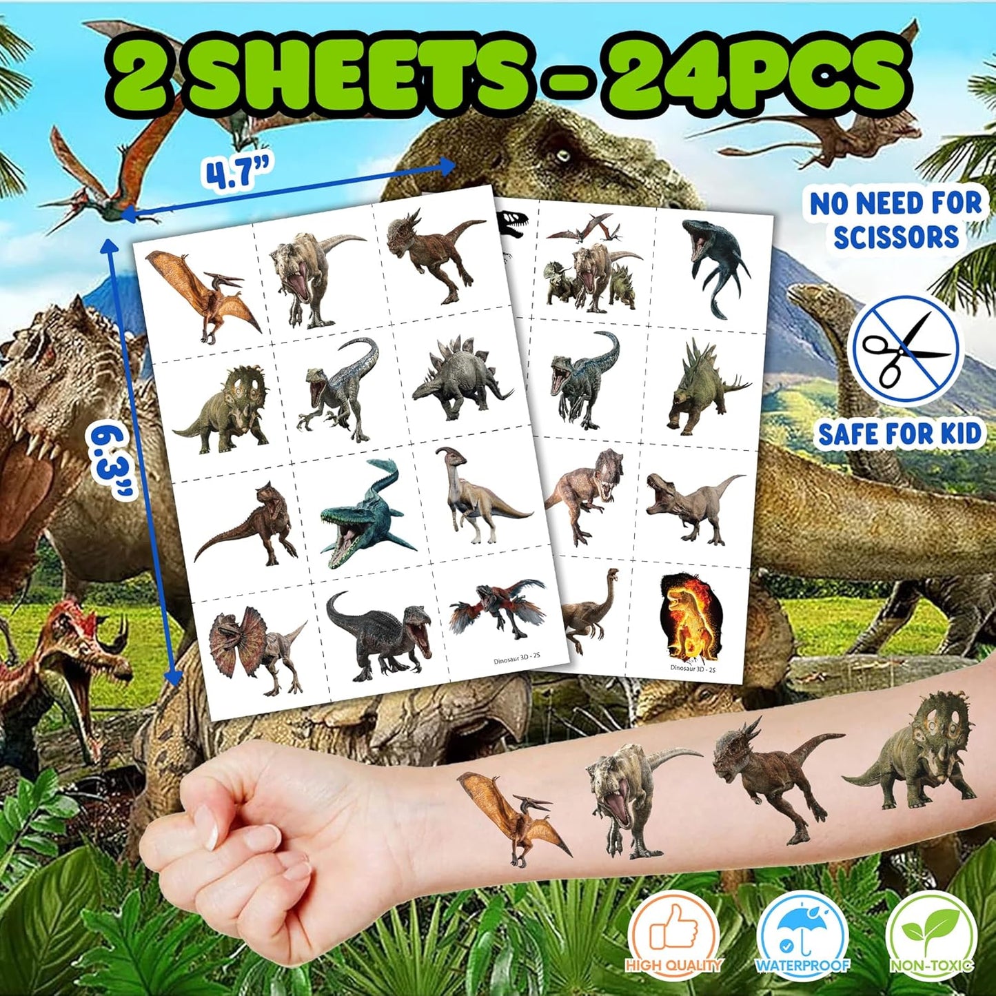 36PCS Dinosaur Party Favors - 24PCS Pre-Cut Temporary Tattoos & 12PCS Stamps - Ideal Dino Fossil Themed Birthday Card Decorations Supplies Goodie Bag Baby Shower Kids Gifts Classroom Rewards Prizes
