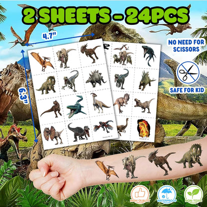 36PCS Dinosaur Party Favors - 24PCS Pre-Cut Temporary Tattoos & 12PCS Stamps - Ideal Dino Fossil Themed Birthday Card Decorations Supplies Goodie Bag Baby Shower Kids Gifts Classroom Rewards Prizes