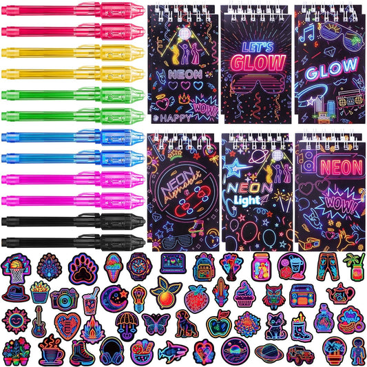 Winrayk 74Pcs Glow in the Dark Party Favors Neon Birthday Supplies Kids, Invisible Ink Pen Mini Notebook Neon Stickers, Pinata Filler Goodie Bag Stuffer Teen Girls Boys Glow in the Dark Party Supplies