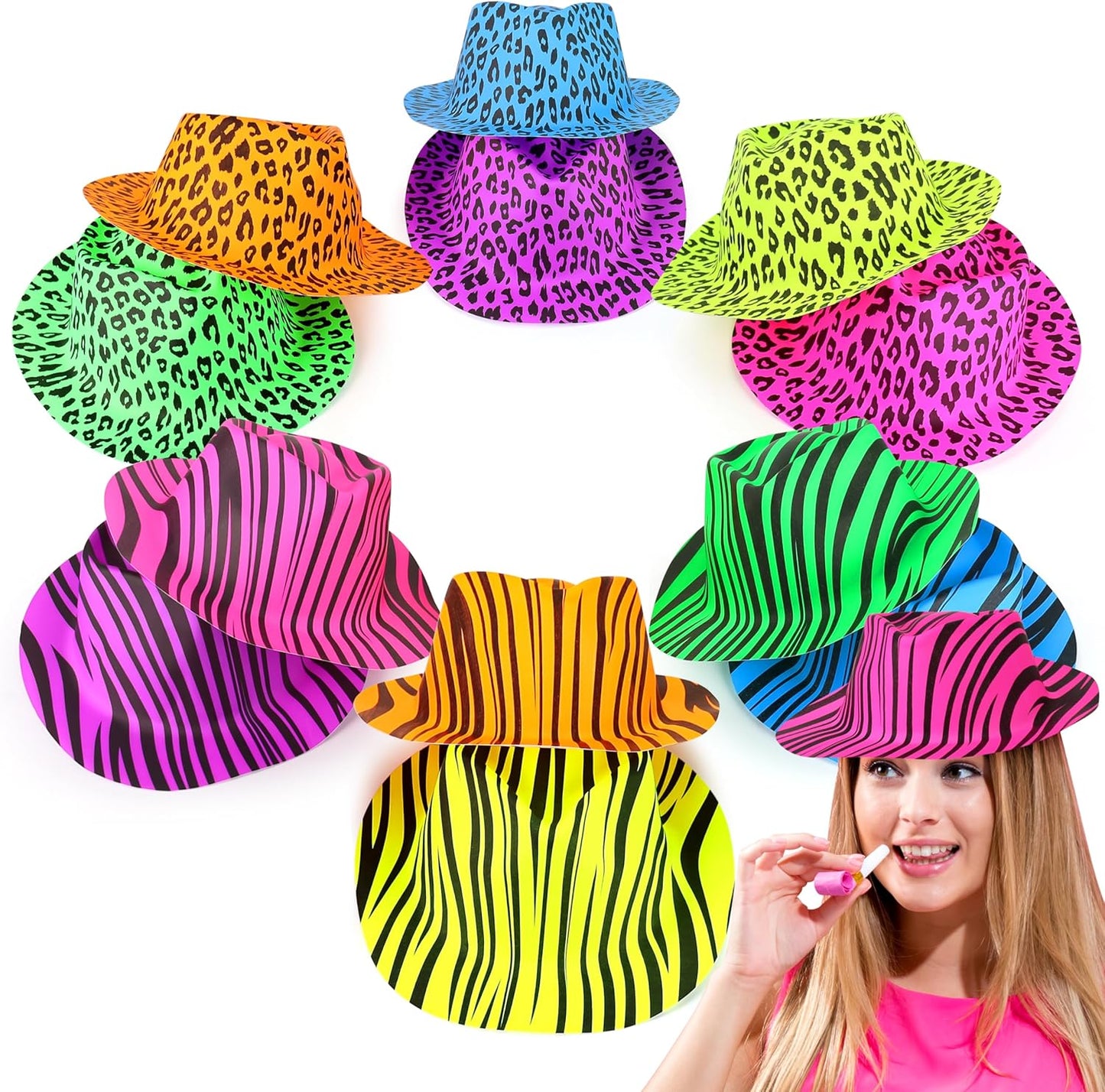 The Glowhouse Premium Neon Gangster Hats Plastic Fun Party Fedora UV Blacklight Glow Pack of 12 (Animal Print)