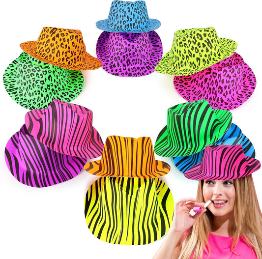 The Glowhouse Premium Neon Gangster Hats Plastic Fun Party Fedora UV Blacklight Glow Pack of 12 (Animal Print)