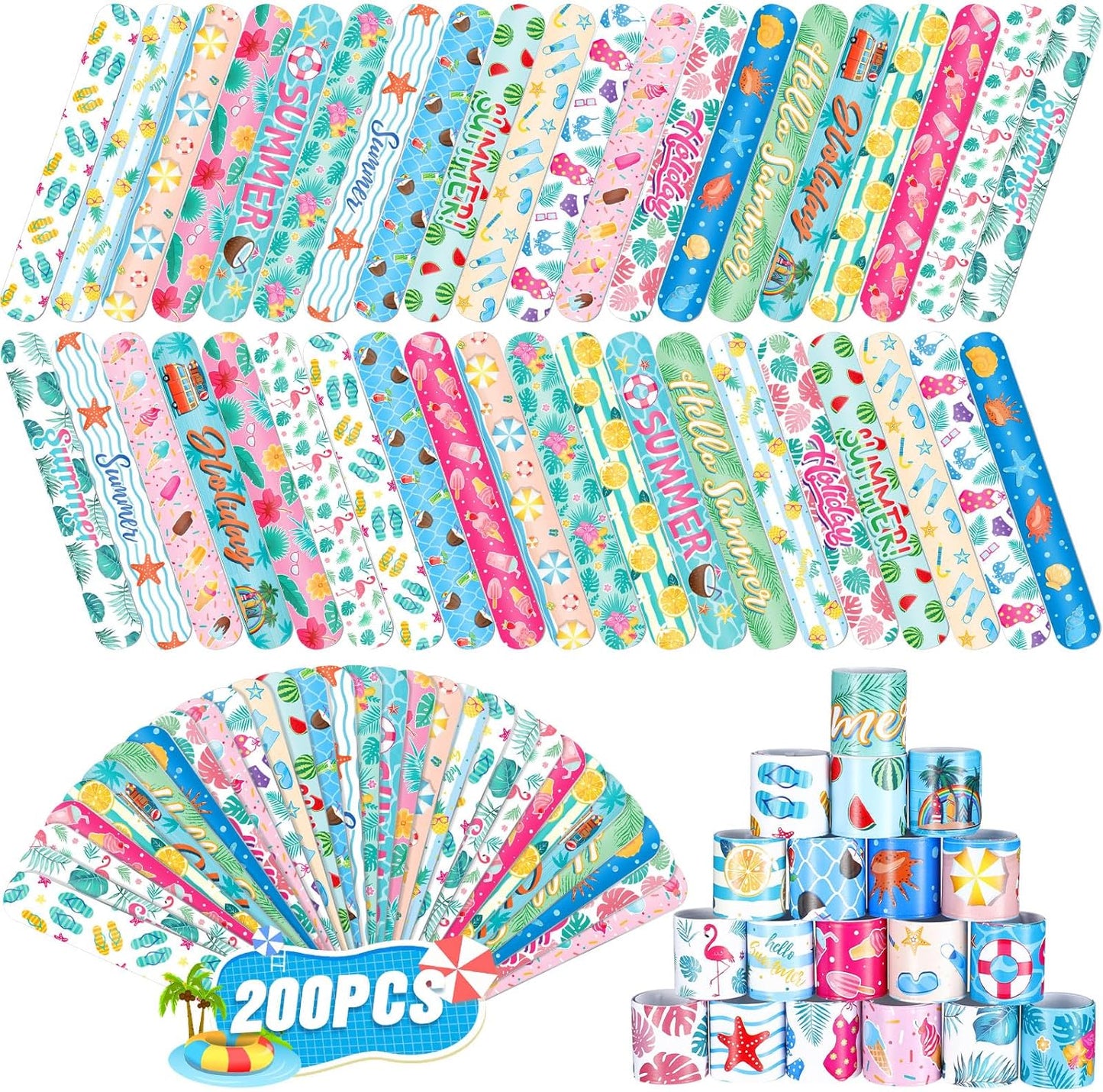 200 Pcs Summer Slap Bracelets Bulk Hawaiian Theme Slap Bracelets Beach Ocean Theme Snap Wristband Tropical Luau Party Favors for Birthday Classroom Prizes Exchanging Gifts
