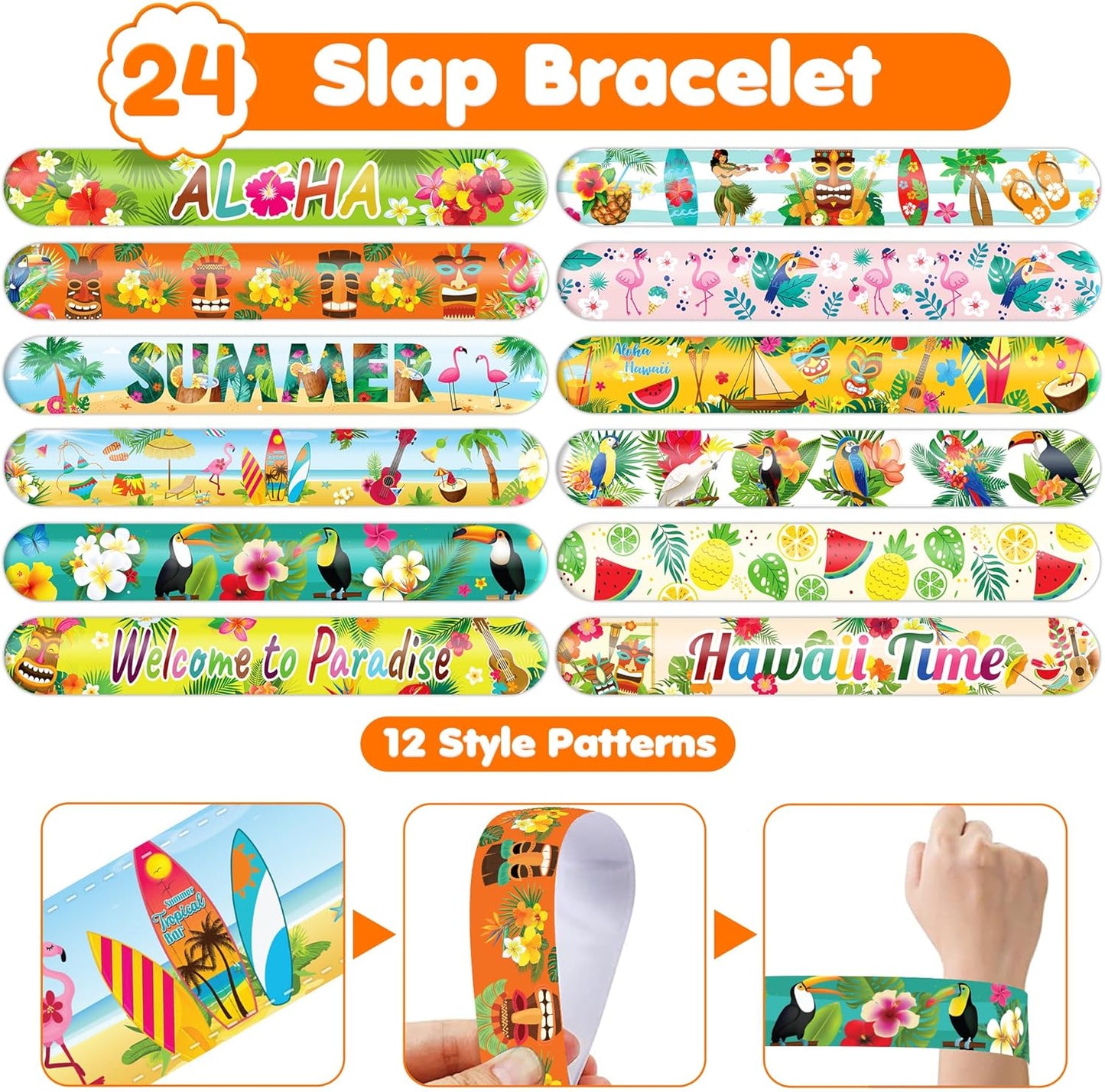 Cherisnowy 48PCS Hawaiian Party Set - 24PCS Temporary Tattoos & 24PCS Slap Bracelets - Summer-Themed Birthday Supplies, Baby Shower Gifts, Classroom Rewards & Party Decor for Kids (Boys & Girls)