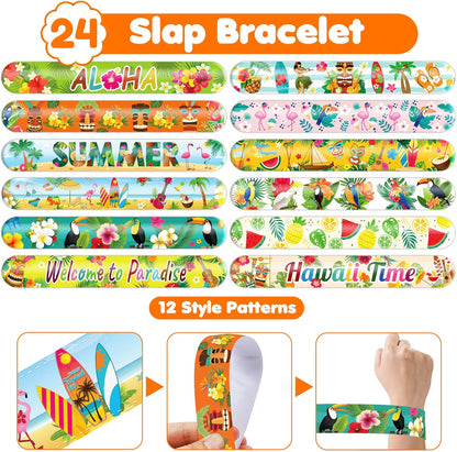 Cherisnowy 48PCS Hawaiian Party Set - 24PCS Temporary Tattoos & 24PCS Slap Bracelets - Summer-Themed Birthday Supplies, Baby Shower Gifts, Classroom Rewards & Party Decor for Kids (Boys & Girls)