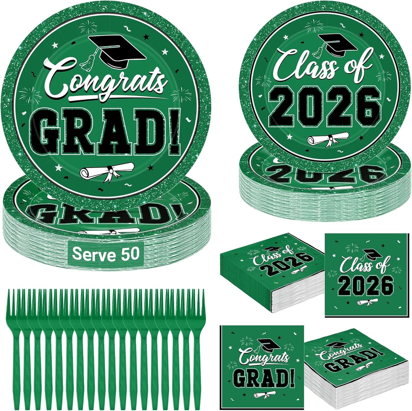 200Pcs Graduation Decorations 2026, Blue Graduation Plates and Napkins Party Supplies for 50 Guests, Disposable Grad Plates, Napkins, Dessert Plates and Forks for Grad Decor Wedding Birthday Supplies