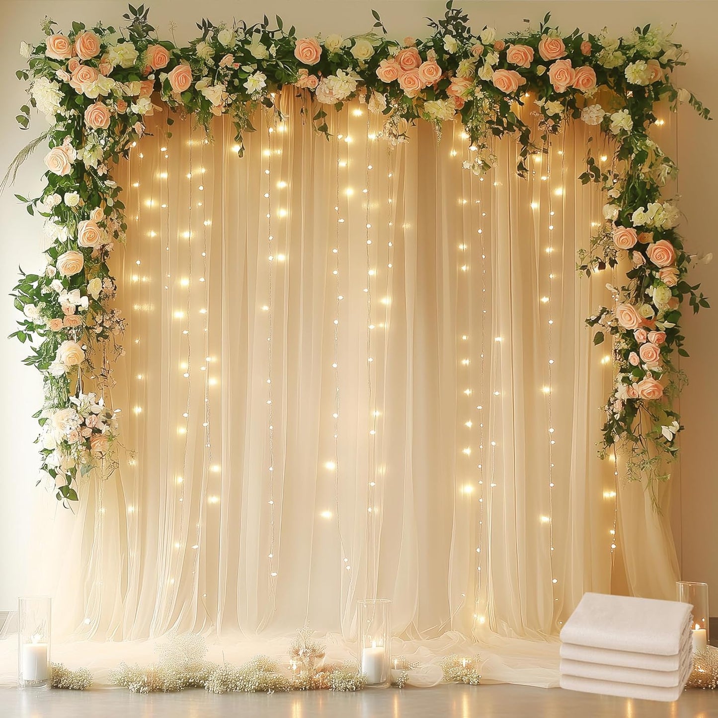 Fomcet Tulle Backdrop Curtains with Lights String White 10FT X 8FT Sheer Curtain with Lights Tulle Curtains Backdrop for Wedding Birthday Party Baby Shower Photo Shoot (2 Panels 5x8FT)