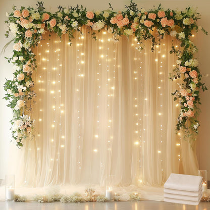 Fomcet Tulle Backdrop Curtains with Lights String White 10FT X 8FT Sheer Curtain with Lights Tulle Curtains Backdrop for Wedding Birthday Party Baby Shower Photo Shoot (2 Panels 5x8FT)