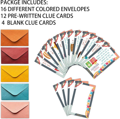 Happy Birthday Treasure Hunt Clues Game Cards, Birthday Party Scavenger Hunt Card Game(16 Cards with Colourful Envelopes), Indoor Outdoor Party Game Supply for Adults Family Teacher Student(A05)