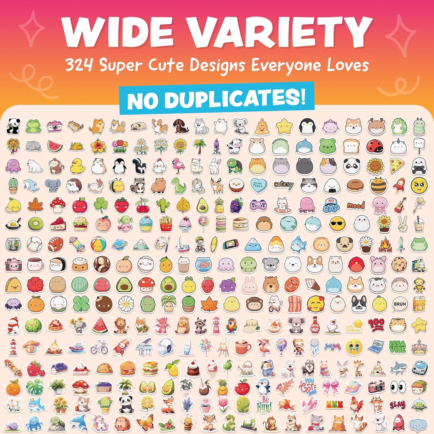 Cute Stickers for Kids - Kawaii Water Bottle Stickers for Teens - 108pc Sticker Pack - Waterproof Vinyl Stickers for Water Bottles, Scrapbook, Laptops, Etc.