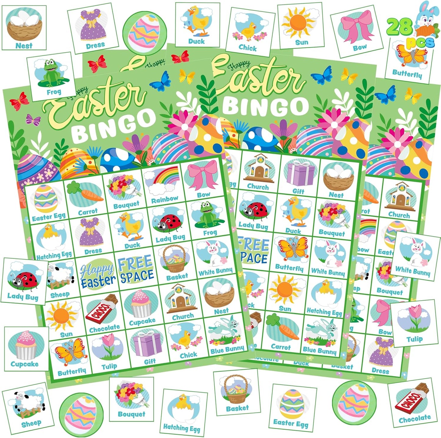 JOYIN 28 Players Easter Bingo Card (5x5) with Blue Color for Kids, Boys, Girls and Adults, Easter Games, School Classroom Activities and Easter Basket Stuffers