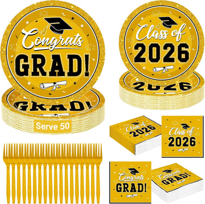 200Pcs Graduation Decorations 2026, Blue Graduation Plates and Napkins Party Supplies for 50 Guests, Disposable Grad Plates, Napkins, Dessert Plates and Forks for Grad Decor Wedding Birthday Supplies