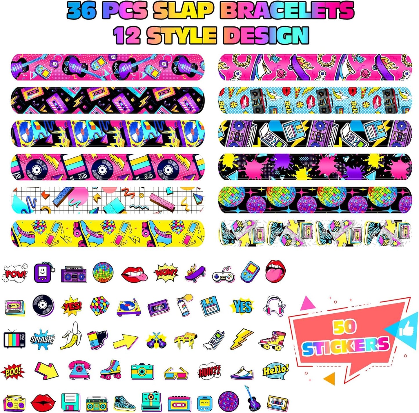 Sinmoe 86 Pcs 80s 90s Party Favors Slap Bracelets Bulk Back to 80s Throwback Theme Party Favors Snap Bracelets with Retro Stickers for Adults Decorations