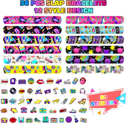 Sinmoe 86 Pcs 80s 90s Party Favors Slap Bracelets Bulk Back to 80s Throwback Theme Party Favors Snap Bracelets with Retro Stickers for Adults Decorations