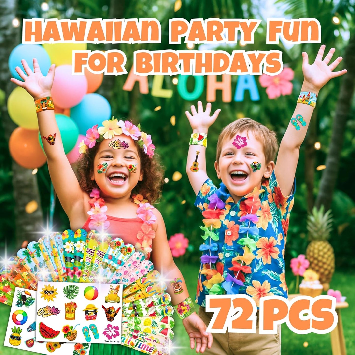 Cherisnowy 48PCS Hawaiian Party Set - 24PCS Temporary Tattoos & 24PCS Slap Bracelets - Summer-Themed Birthday Supplies, Baby Shower Gifts, Classroom Rewards & Party Decor for Kids (Boys & Girls)