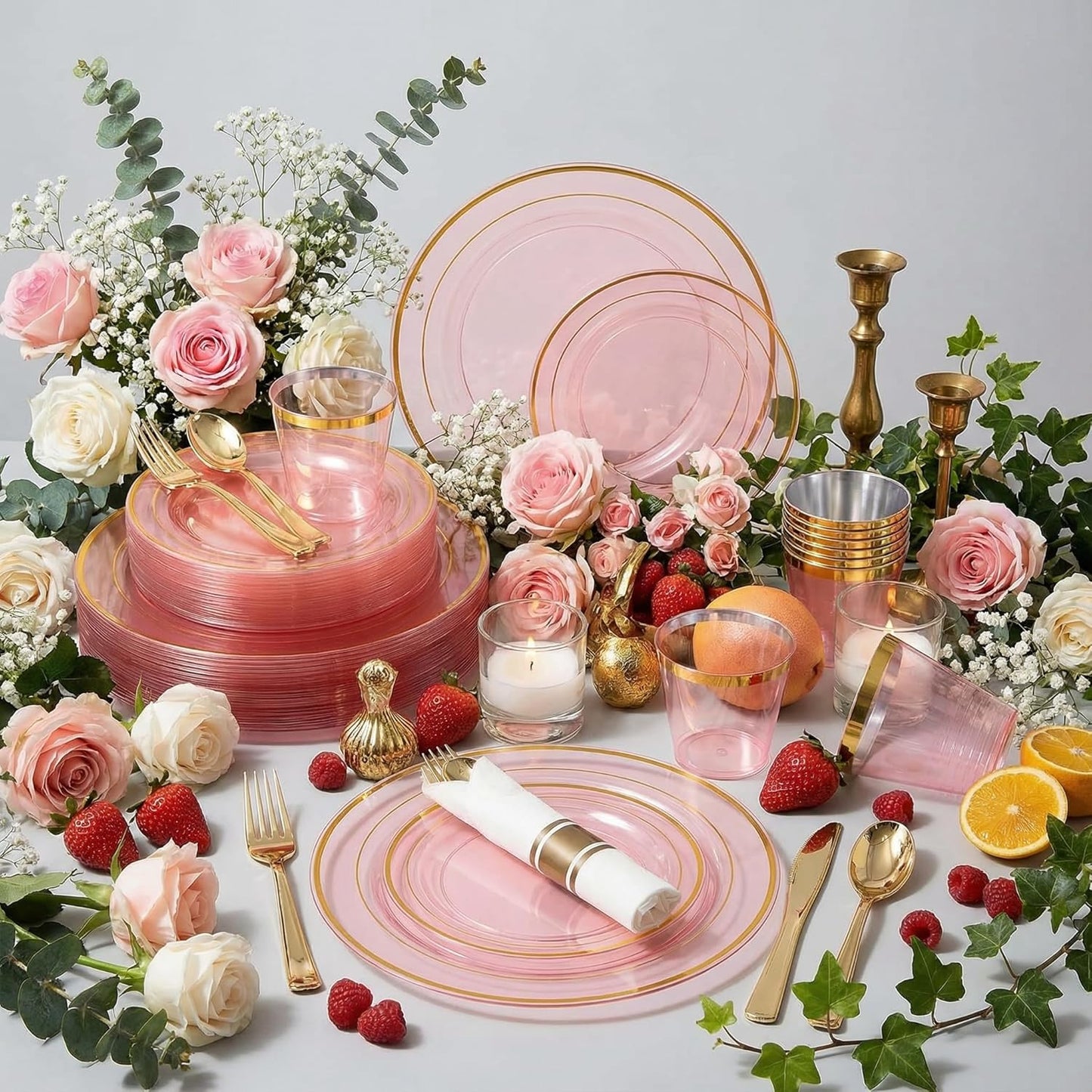 WELLIFE 350-Piece Gold Disposable Plates and Cutlery Set - Premium 10.25" Dinner Plates, 7.5" Dessert Plates, 9oz Cups & Cutlery for Weddings, Catering Events - 50 Guest Service - Elegant & Sturdy